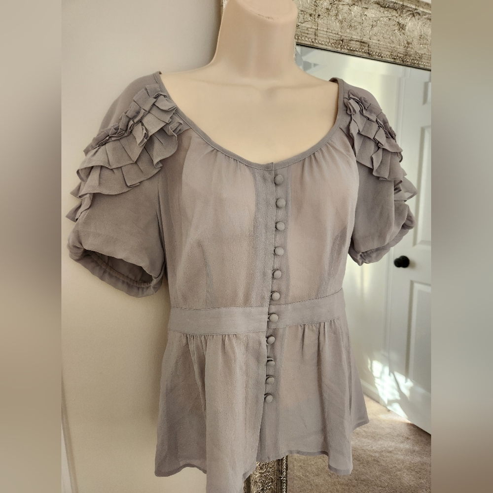 ANTHROPOLOGIE Floreat Puff Sleeve Sheer Button Top Size 6